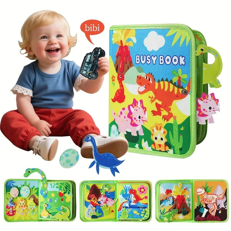 Colorful Montessori-style preschool busy book for toddlers featuring dinosaur, princess, Christmas, farm, zoo, and ocean themes with 3D felt pages and interactive learning elements.