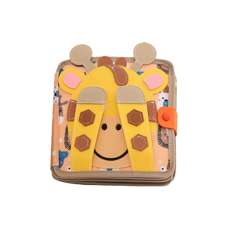 Colorful Montessori-style preschool busy book for toddlers featuring dinosaur, princess, Christmas, farm, zoo, and ocean themes with 3D felt pages and interactive learning elements.