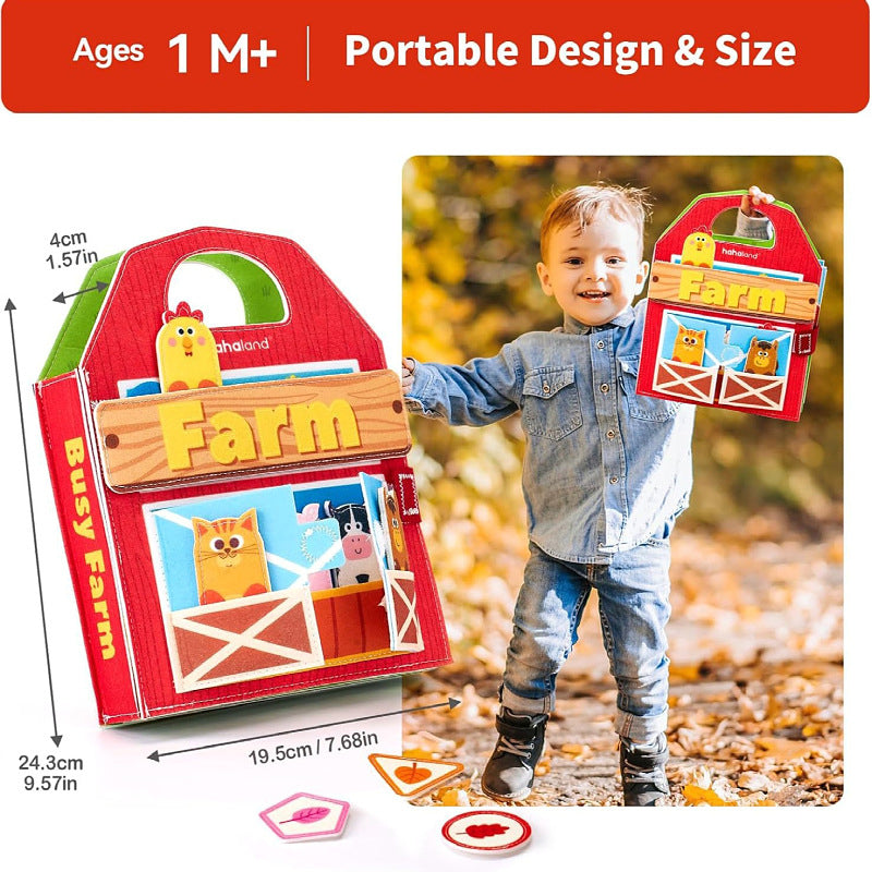 Colorful Montessori-style preschool busy book for toddlers featuring dinosaur, princess, Christmas, farm, zoo, and ocean themes with 3D felt pages and interactive learning elements.