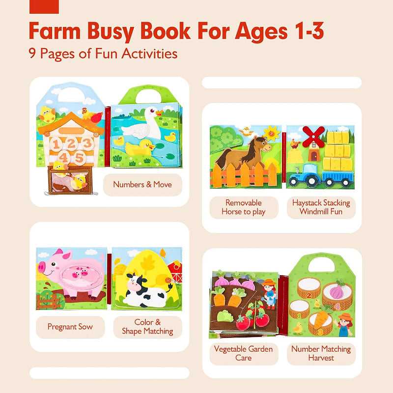 Colorful Montessori-style preschool busy book for toddlers featuring dinosaur, princess, Christmas, farm, zoo, and ocean themes with 3D felt pages and interactive learning elements.