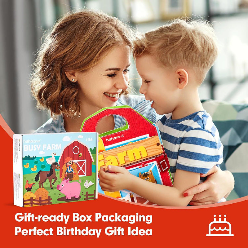 Colorful Montessori-style preschool busy book for toddlers featuring dinosaur, princess, Christmas, farm, zoo, and ocean themes with 3D felt pages and interactive learning elements.