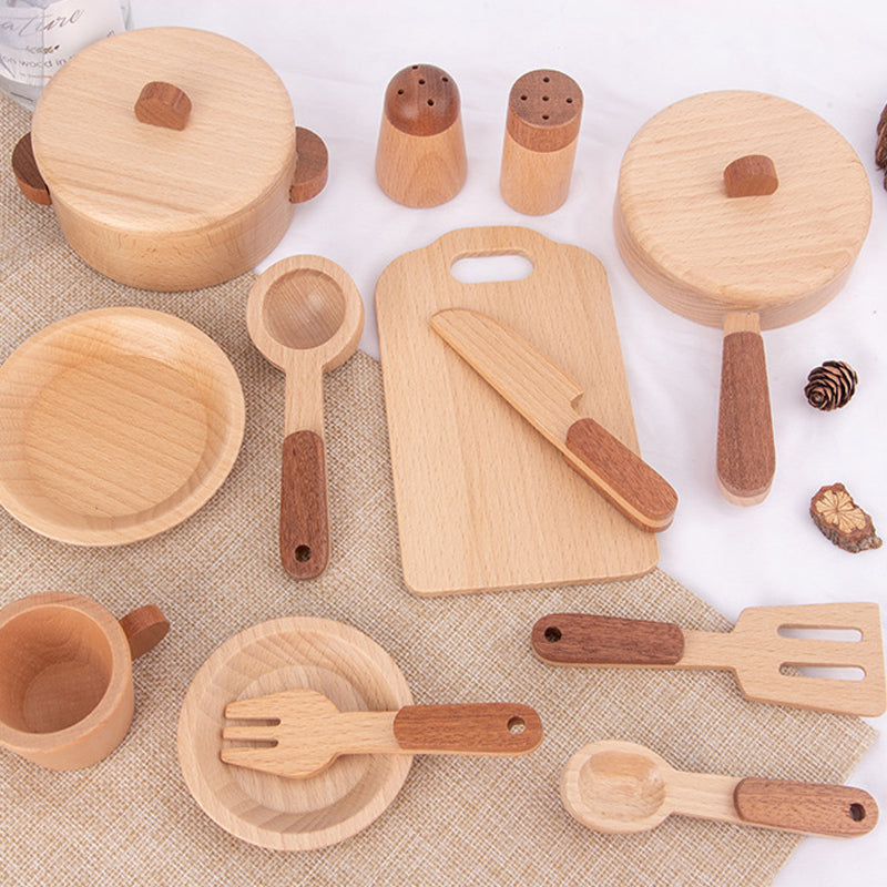 Close-up of natural wood texture on Montessori kitchen toy for toddlers