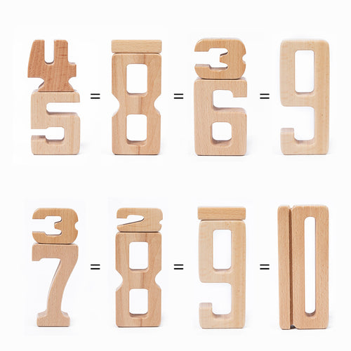 Preschooler using eco-friendly wooden number blocks as learning toys for early math
