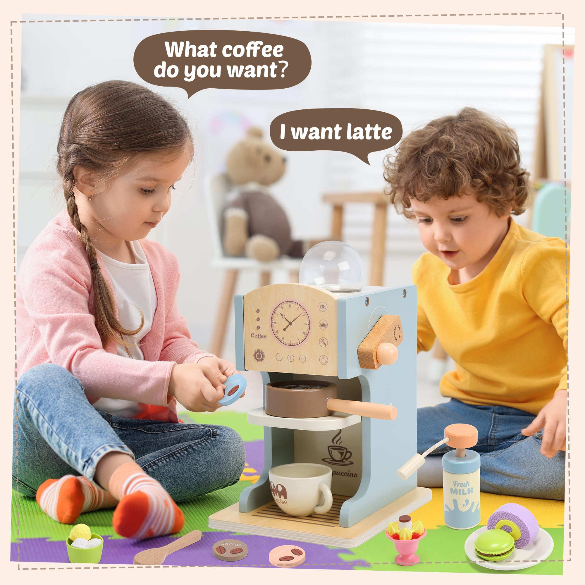 Child freely playing with wooden coffee toy, enhancing creativity and vestibular development