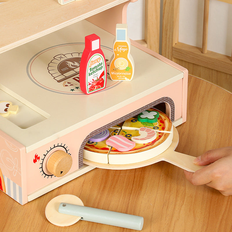 Realistic wooden pizza oven with Velcro pizza slices featuring cute patterns for creative play