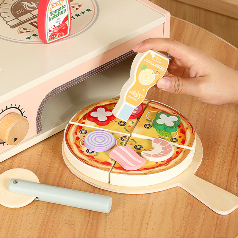 Realistic wooden ketchup and mayonnaise bottles for kids’ pizza play, enhancing creativity and fun
