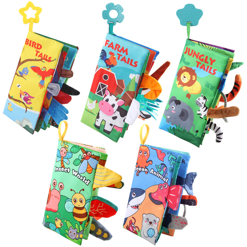 Soft fabric book with crinkle pages and textured tails for babies