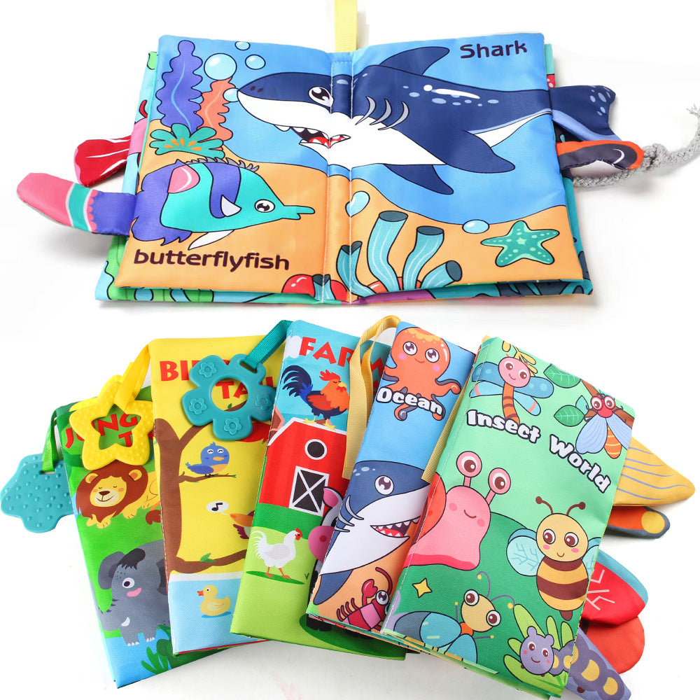 Soft fabric book with crinkle pages and textured tails for babies