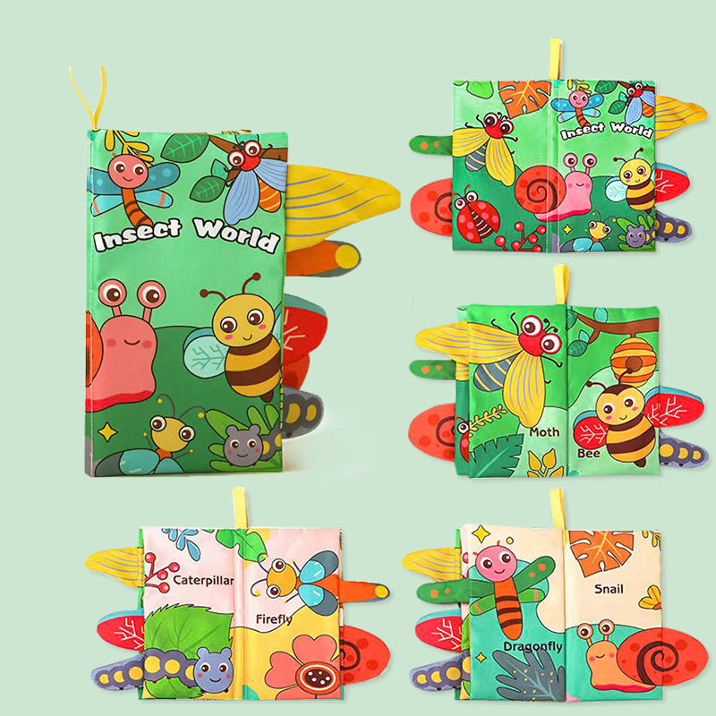 Soft fabric book with crinkle pages and textured tails for babies