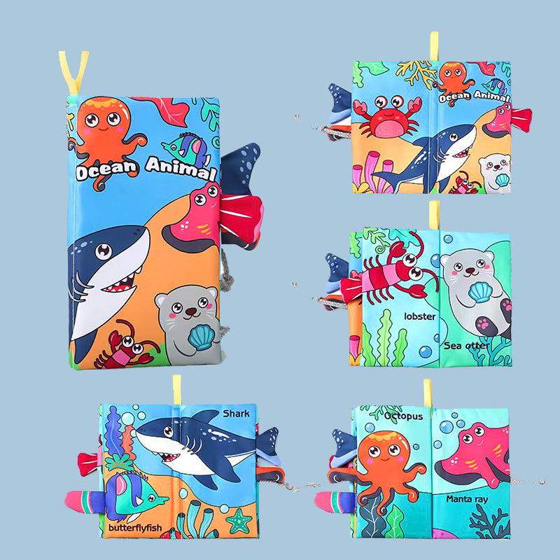 Soft fabric book with crinkle pages and textured tails for babies