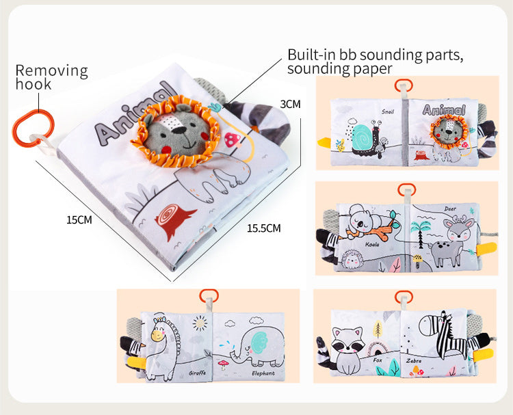 Fabric busy book clipped to stroller for on-the-go toddler play during travel or tummy time