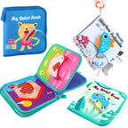 Fabric busy book clipped to stroller for on-the-go toddler play during travel or tummy time