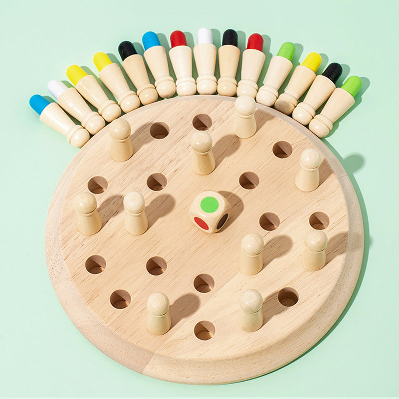 Six colorful wooden pegs in bright colors for kids' memory matching game.