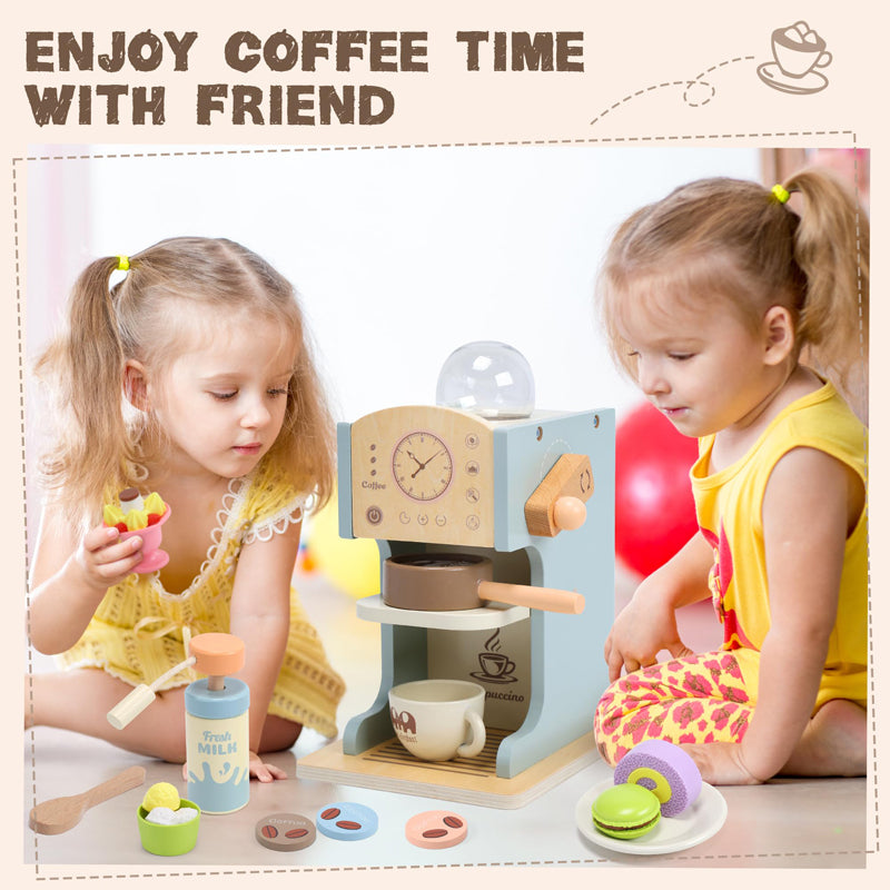 Toddlers playing afternoon tea together, learning to share and socialize with a wooden coffee toy set