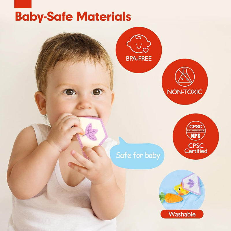 Toddler’s busy book made with 100% baby-safe, food-grade materials, certified for safe chewing, grasping, and play.