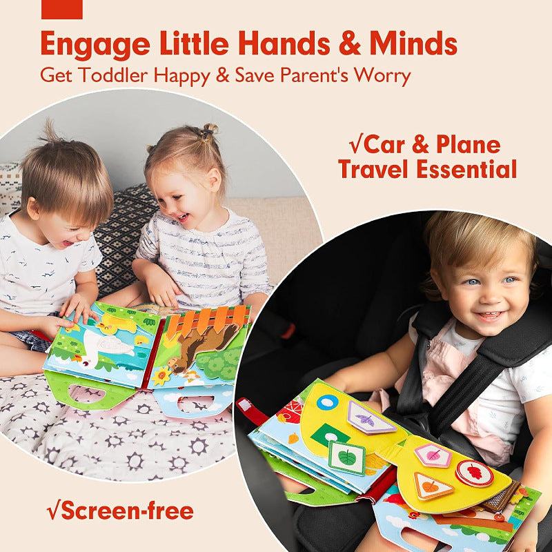 Toddler’s busy book promoting fine motor skills and creativity with interactive play, ideal compact travel toy for car and plane trips to keep toddlers happy and parents worry-free.
