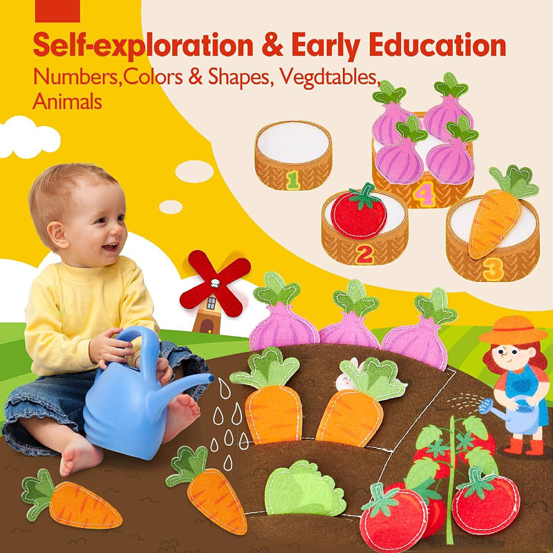 Toddler’s busy book featuring numbers, colors, shapes, vegetables, and animals for self-exploration and early education through interactive play.