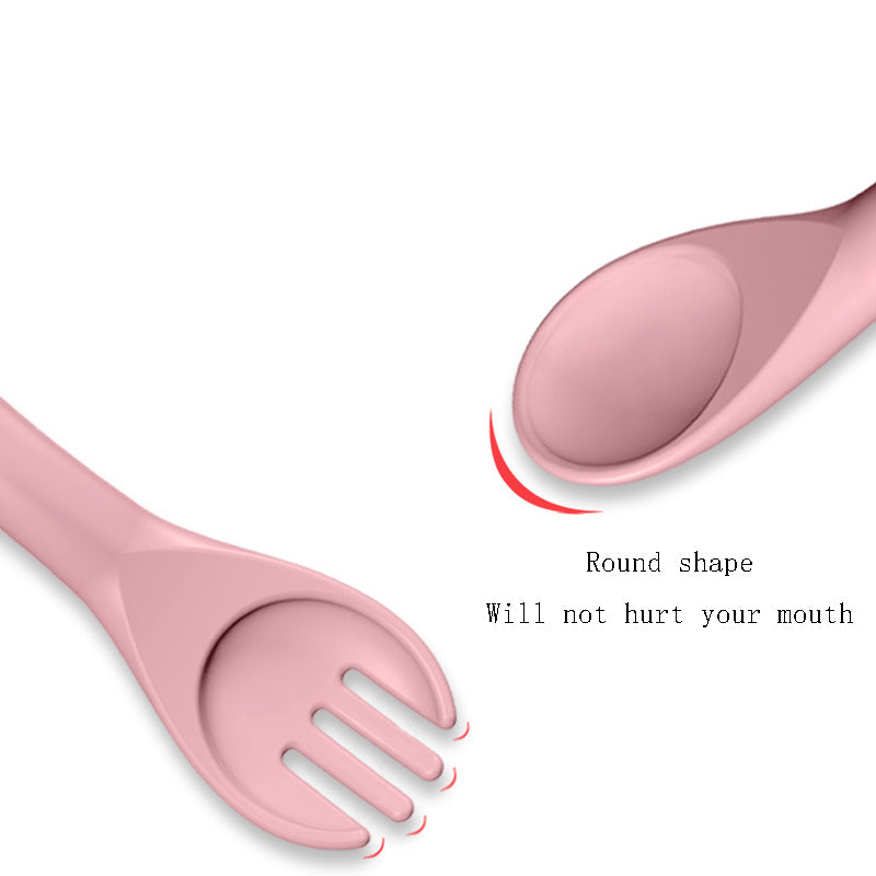 Baby spoon and fork set with rounded, blunted tips for gum protection