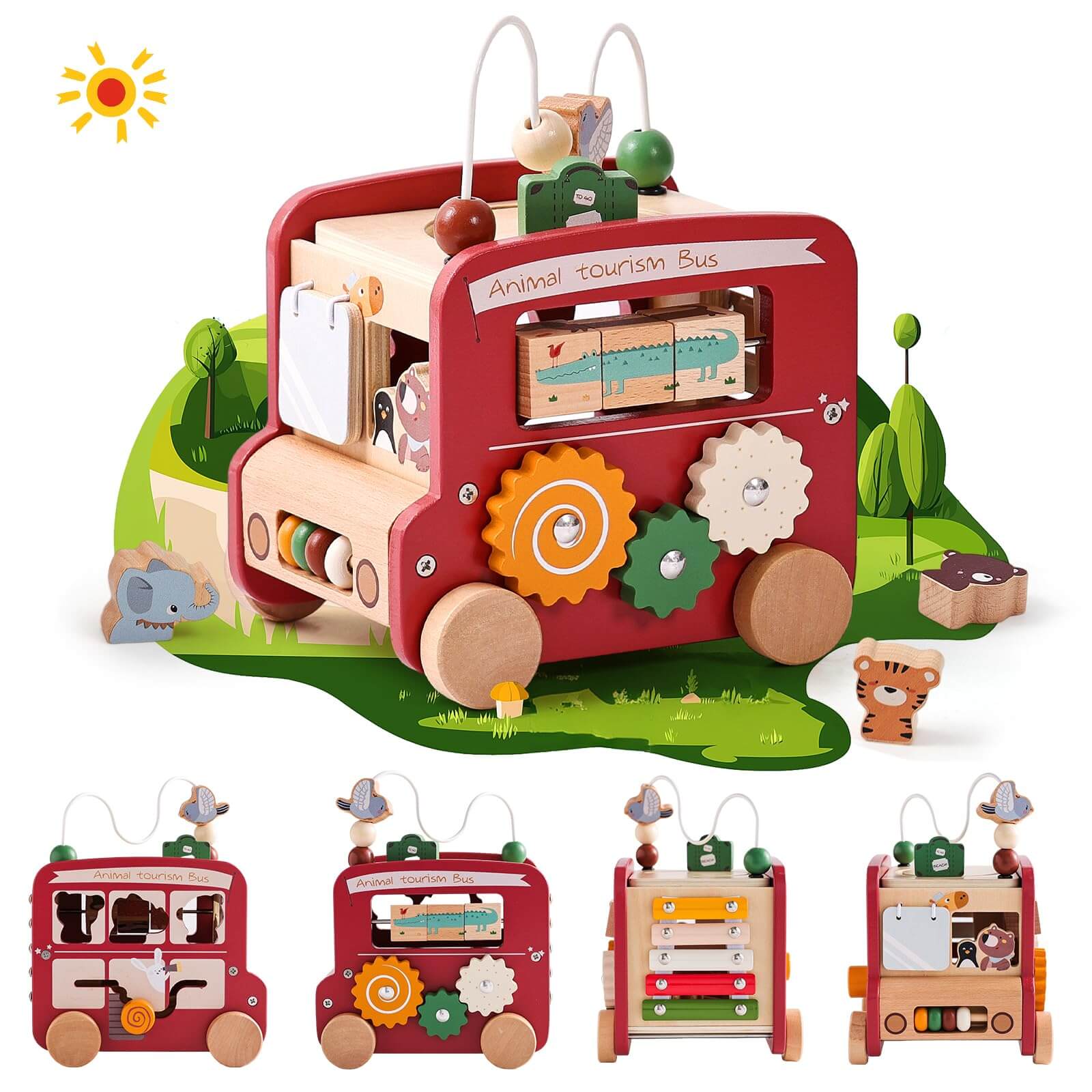 Montessori 8-in-1 Wooden Activity Bus - Multifunctional Learning Toy for Toddlers