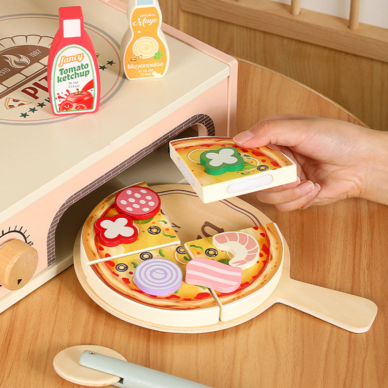 Realistic wooden pizza slices with Velcro design for kids' pretend play and repeated cutting fun