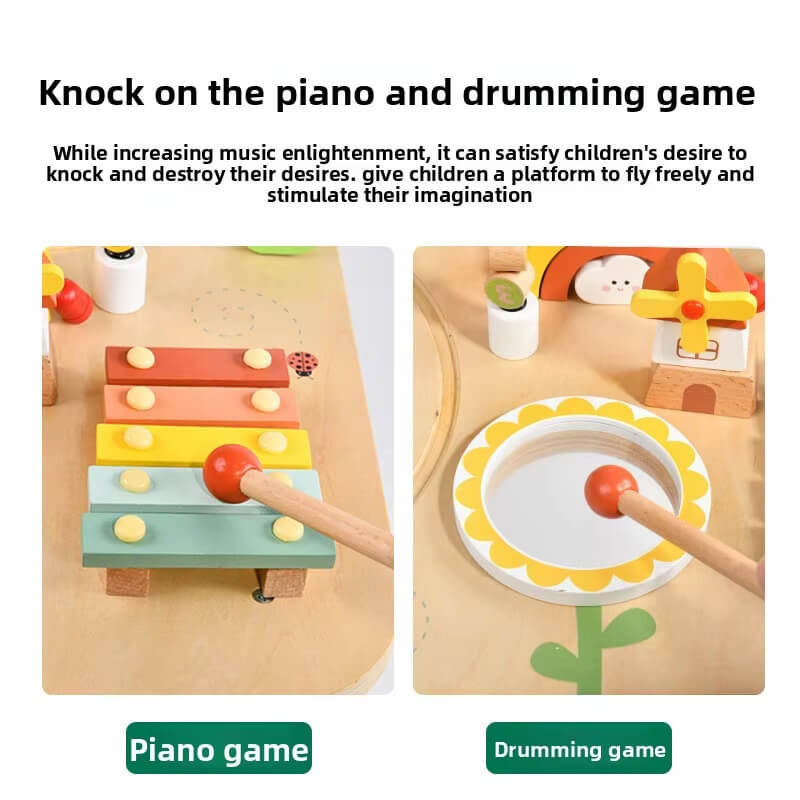 Main product shot of a multifunctional 9-in-1 wooden activity table for toddlers on a neutral background.