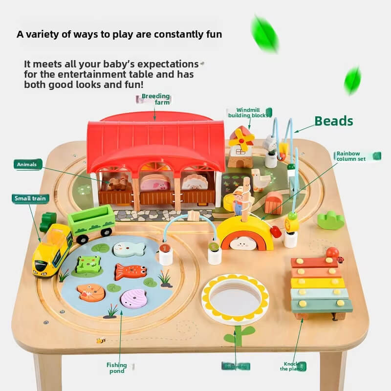 Main product shot of a multifunctional 9-in-1 wooden activity table for toddlers on a neutral background.