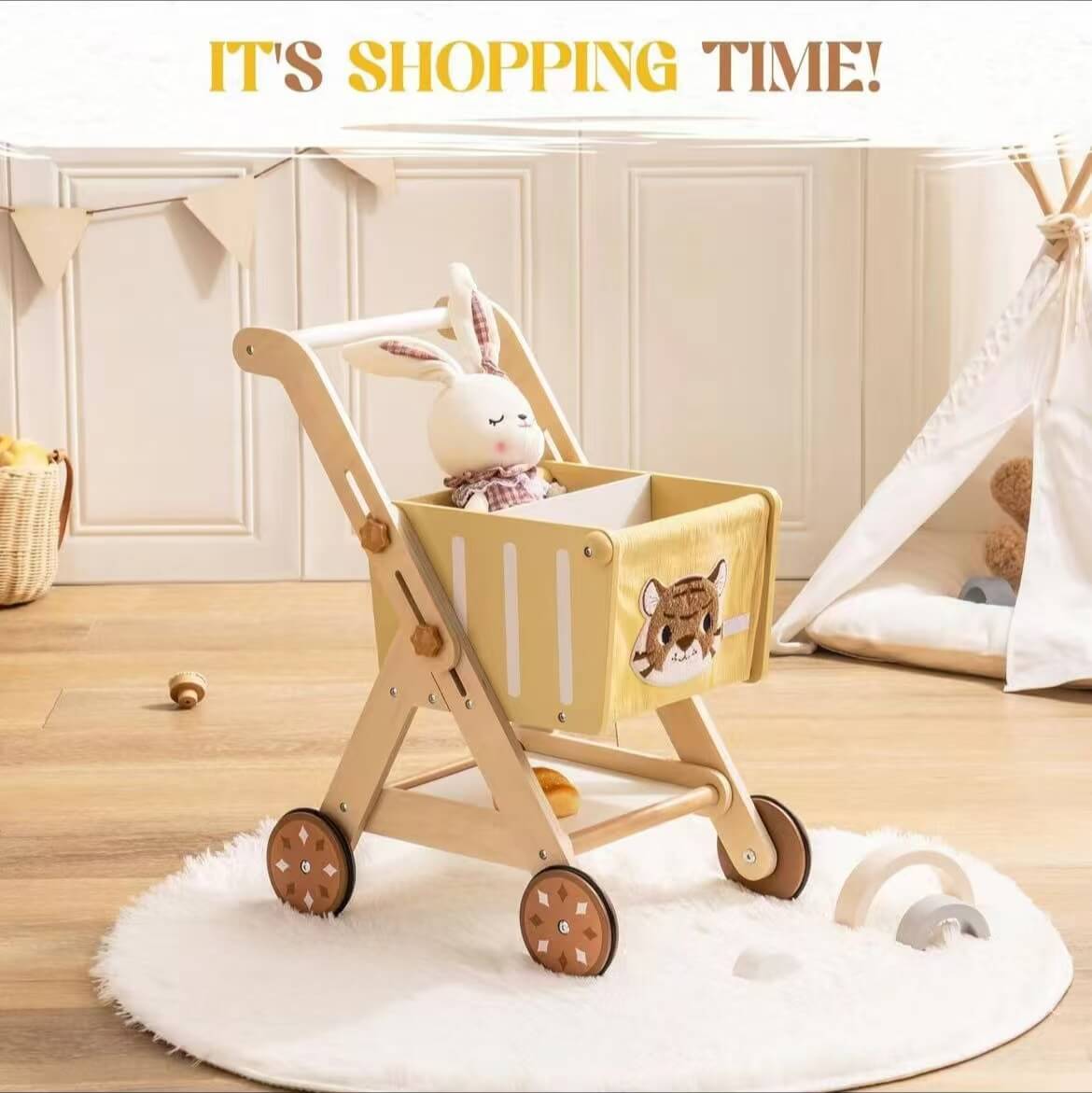 The natural wooden walker placed in a cozy home setting, blending seamlessly with room decor as a child plays nearby.