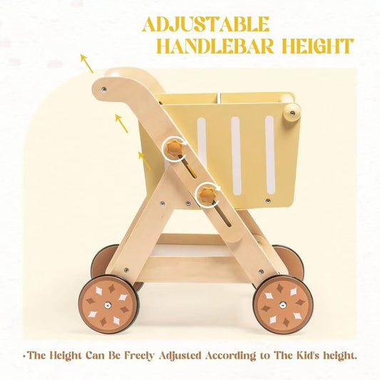 The natural wooden walker placed in a cozy home setting, blending seamlessly with room decor as a child plays nearby.