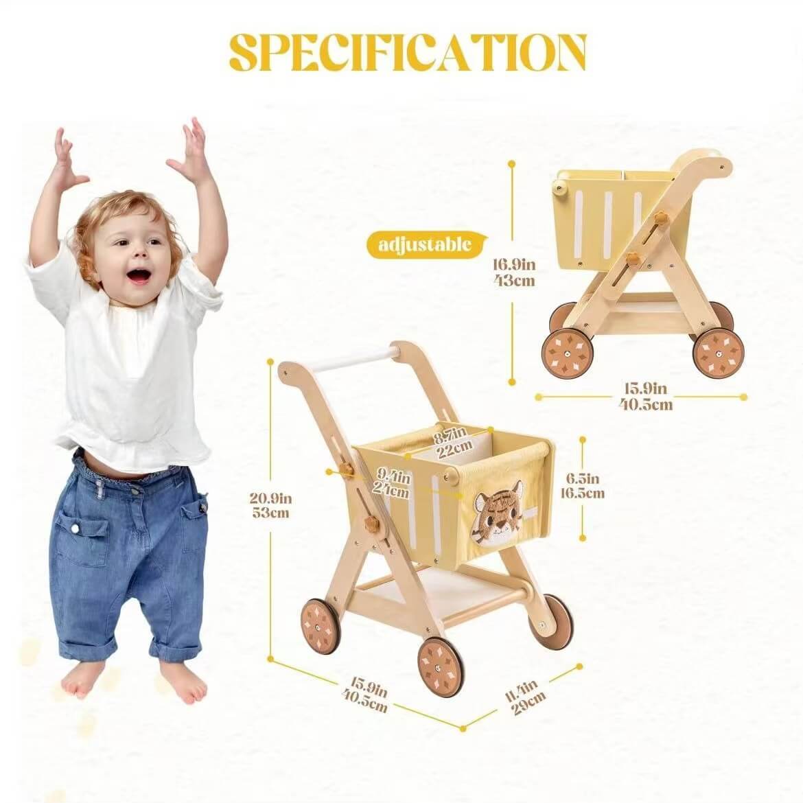 The natural wooden walker placed in a cozy home setting, blending seamlessly with room decor as a child plays nearby.