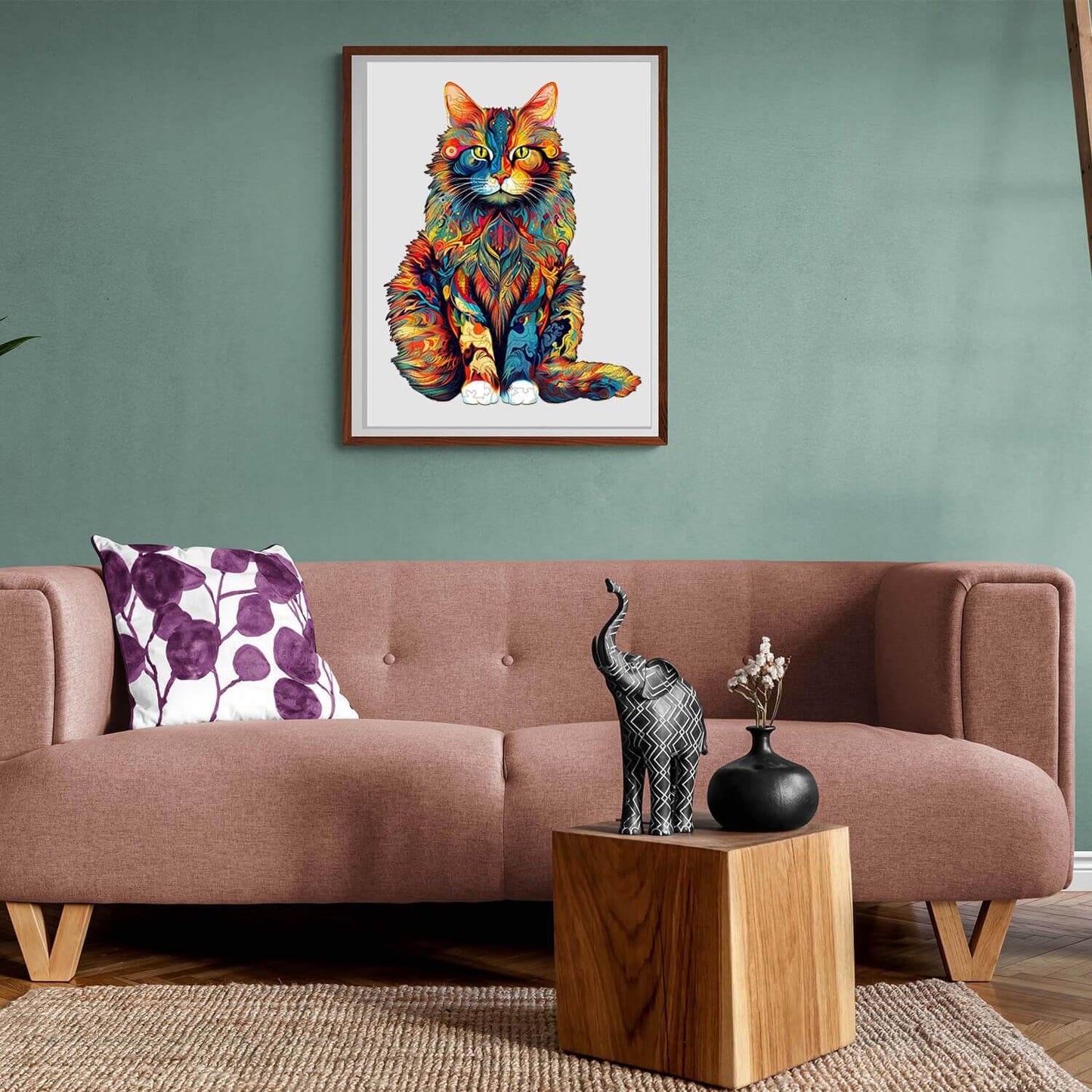 Parents and child smiling and playing together with the cat puzzle on a table, promoting family bonding.