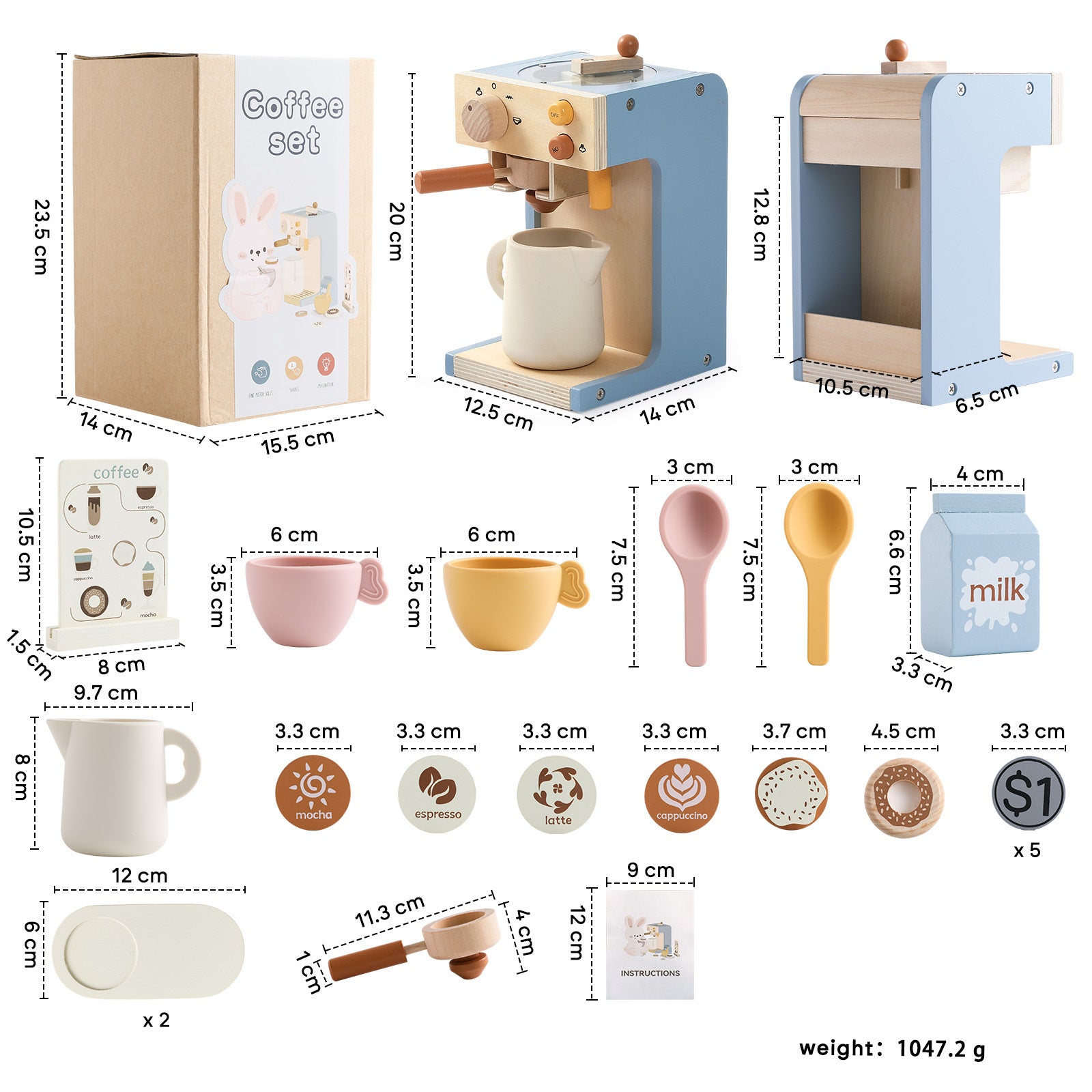 Wooden kids coffee maker playset with grinder, coffee cup, filters, coaster, and coffee discs – Montessori-inspired pretend play toy for toddlers