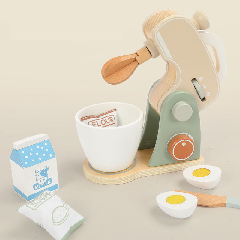 Wooden hand-operated mixer toy for kids with pretend ingredients