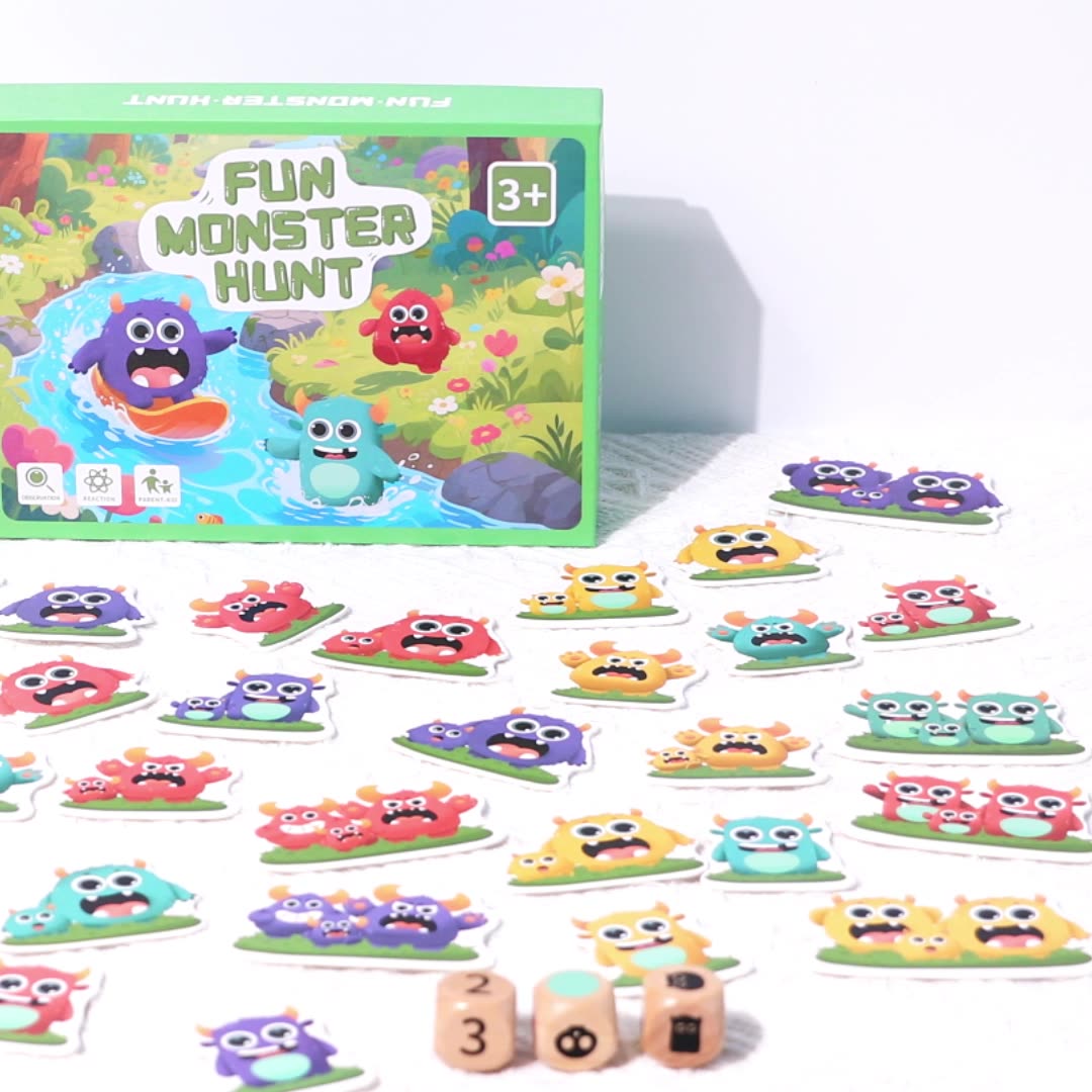 Wooden monster hunt card game for kids – fast-paced interactive tabletop game with colorful dice and cards