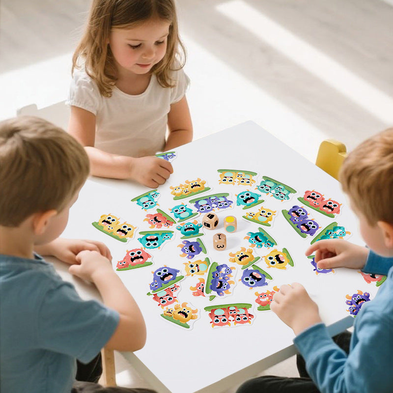 Wooden monster hunt card game for kids – fast-paced interactive tabletop game with colorful dice and cards