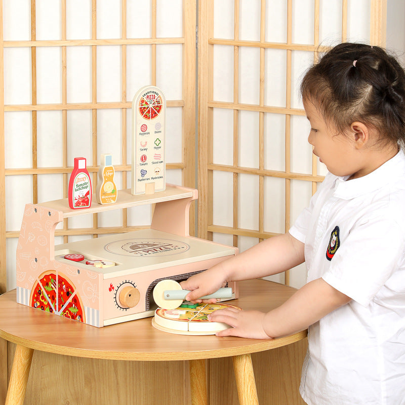  Wooden pizza play counter with detachable pizza slices and rotating knobs for Montessori kitchen play
