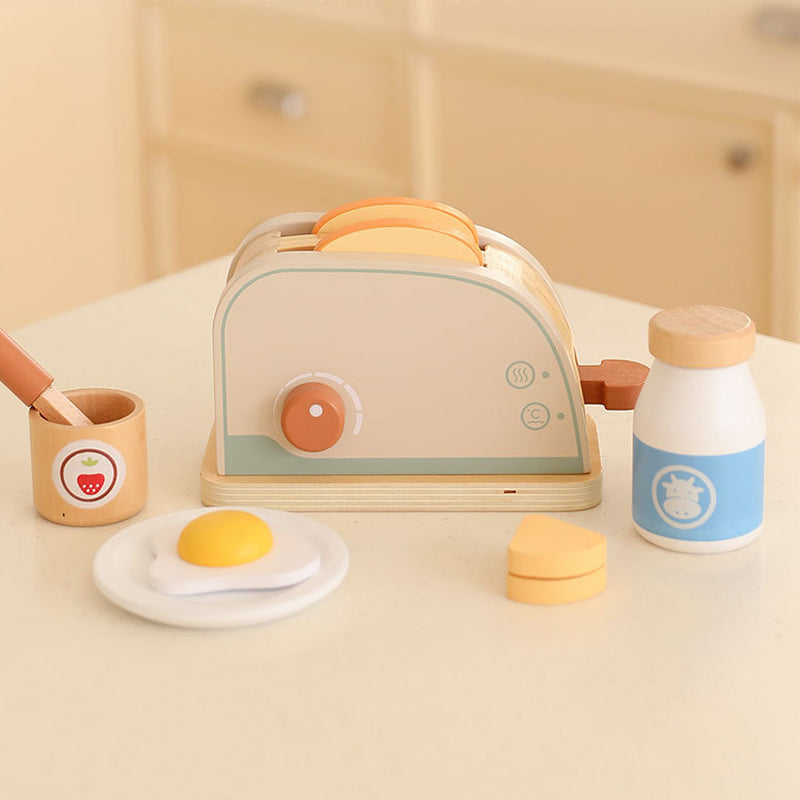 Wooden pop-up toaster toy for toddlers with realistic breakfast accessories